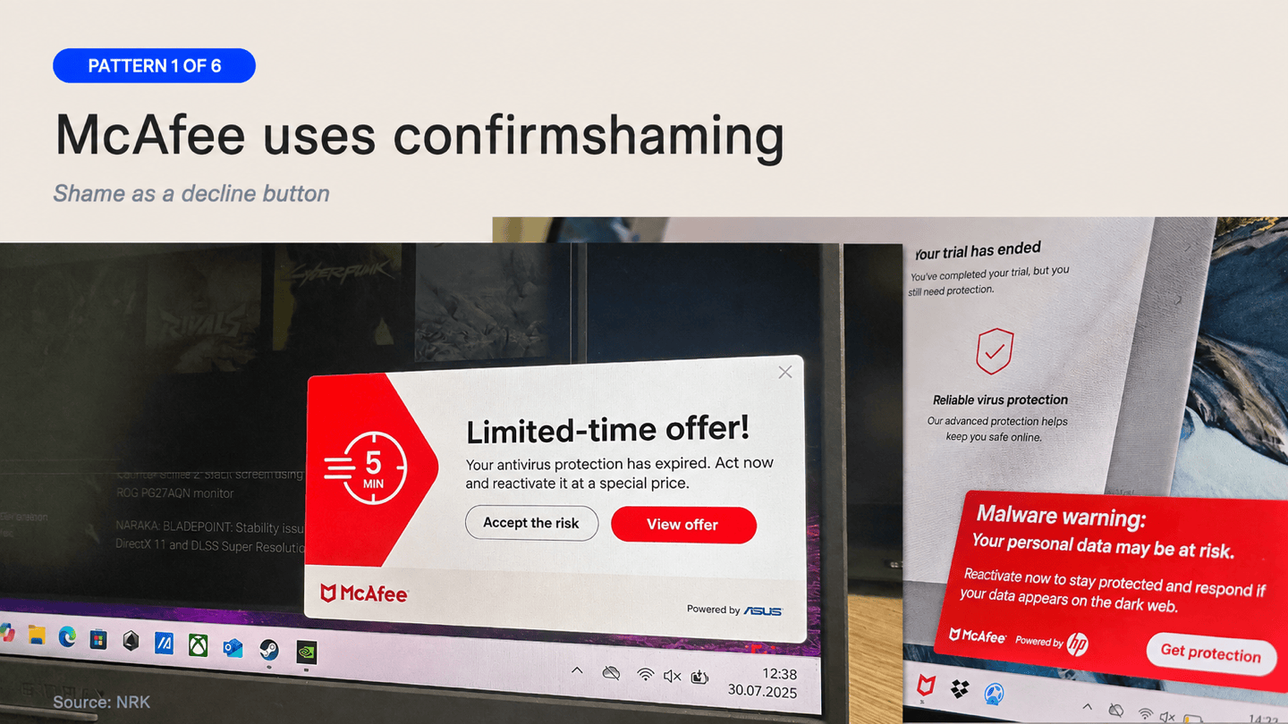 McAfee antivirus asking for an email address, with a big Yes, I want the benefits button and a small No, I like paying full price link