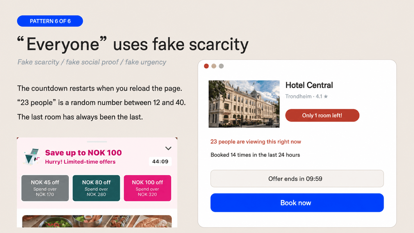 Hotel booking page with Only 1 room left, 23 people are looking at this right now and a countdown at 09:59