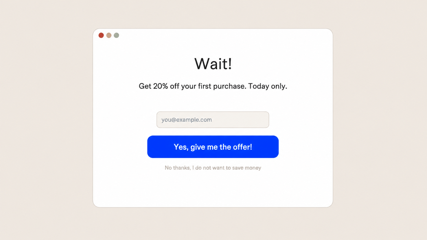Newsletter sign-up with a big blue button and, underneath it, the grey link Nei takk, jeg vil ikke spare penger
