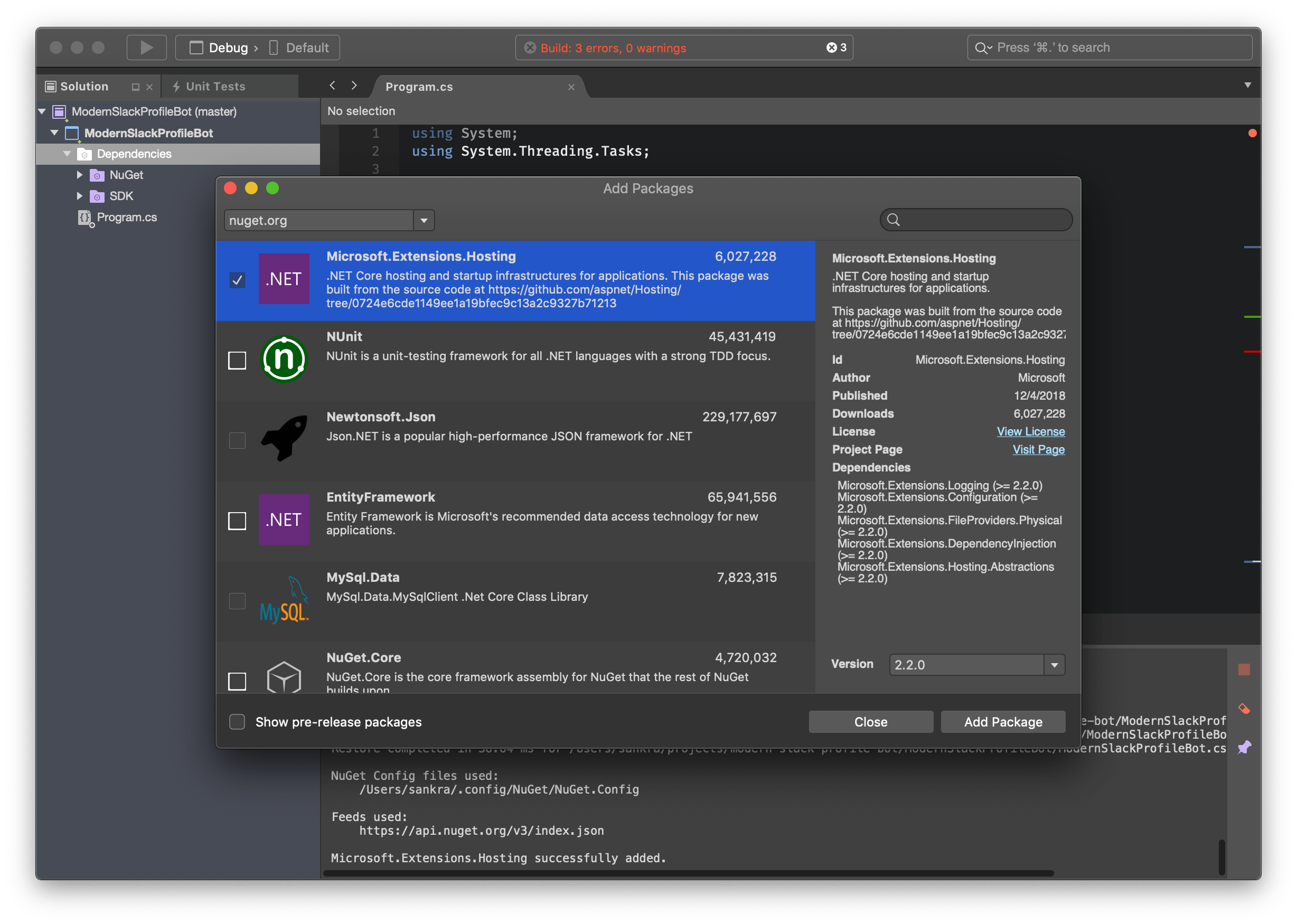 visual studio for mac packages could not be loaded