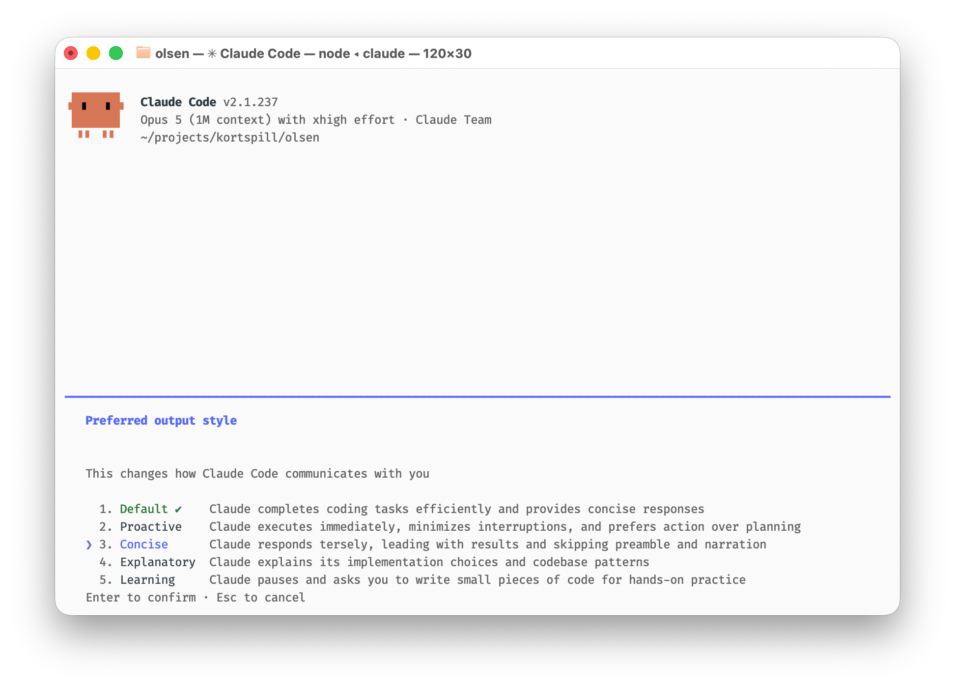 Claude Code's output style picker with five styles, Concise selected