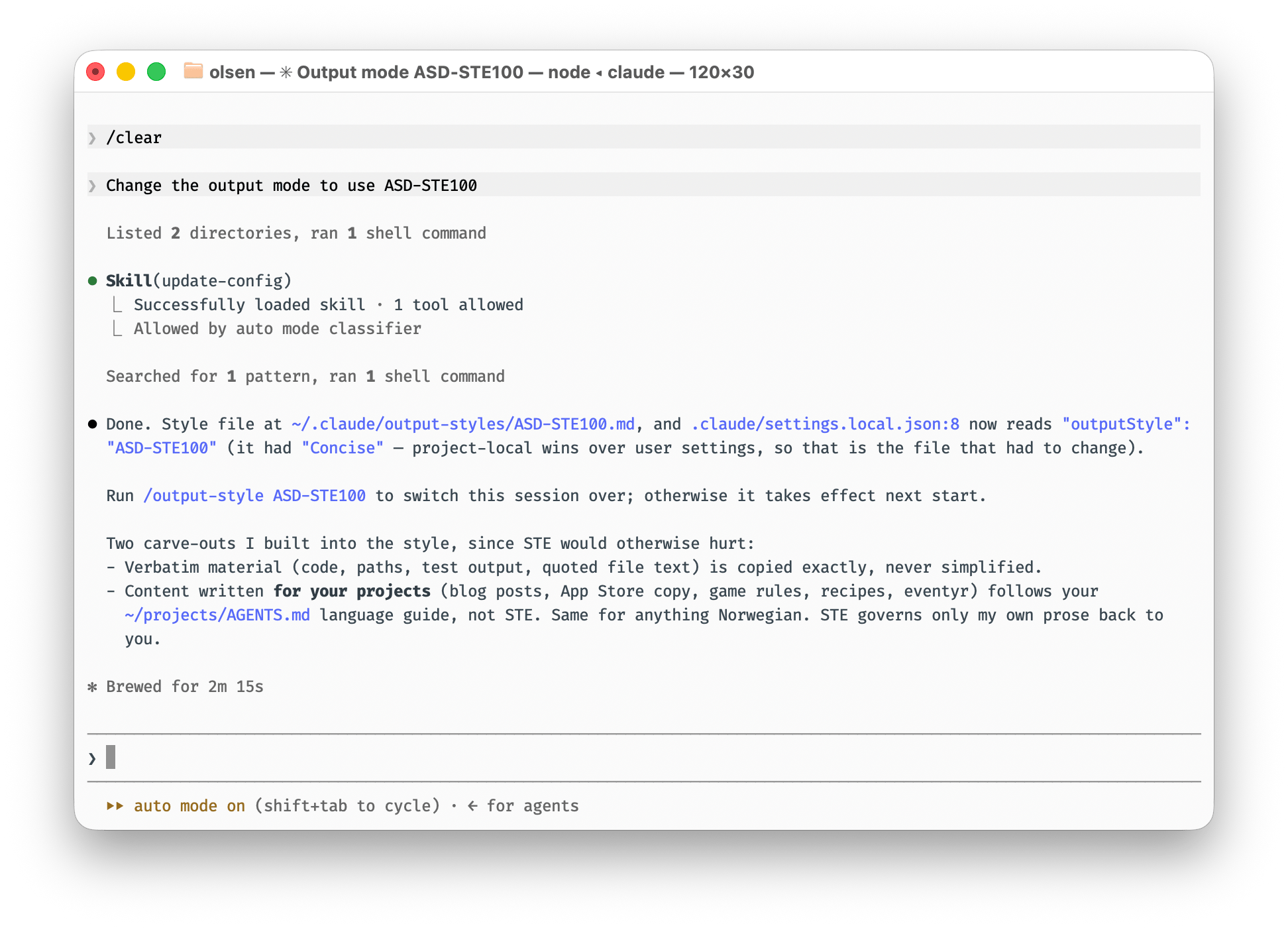 Claude Code creating the ASD-STE100 output style from a single prompt, writing the style file and updating the configuration