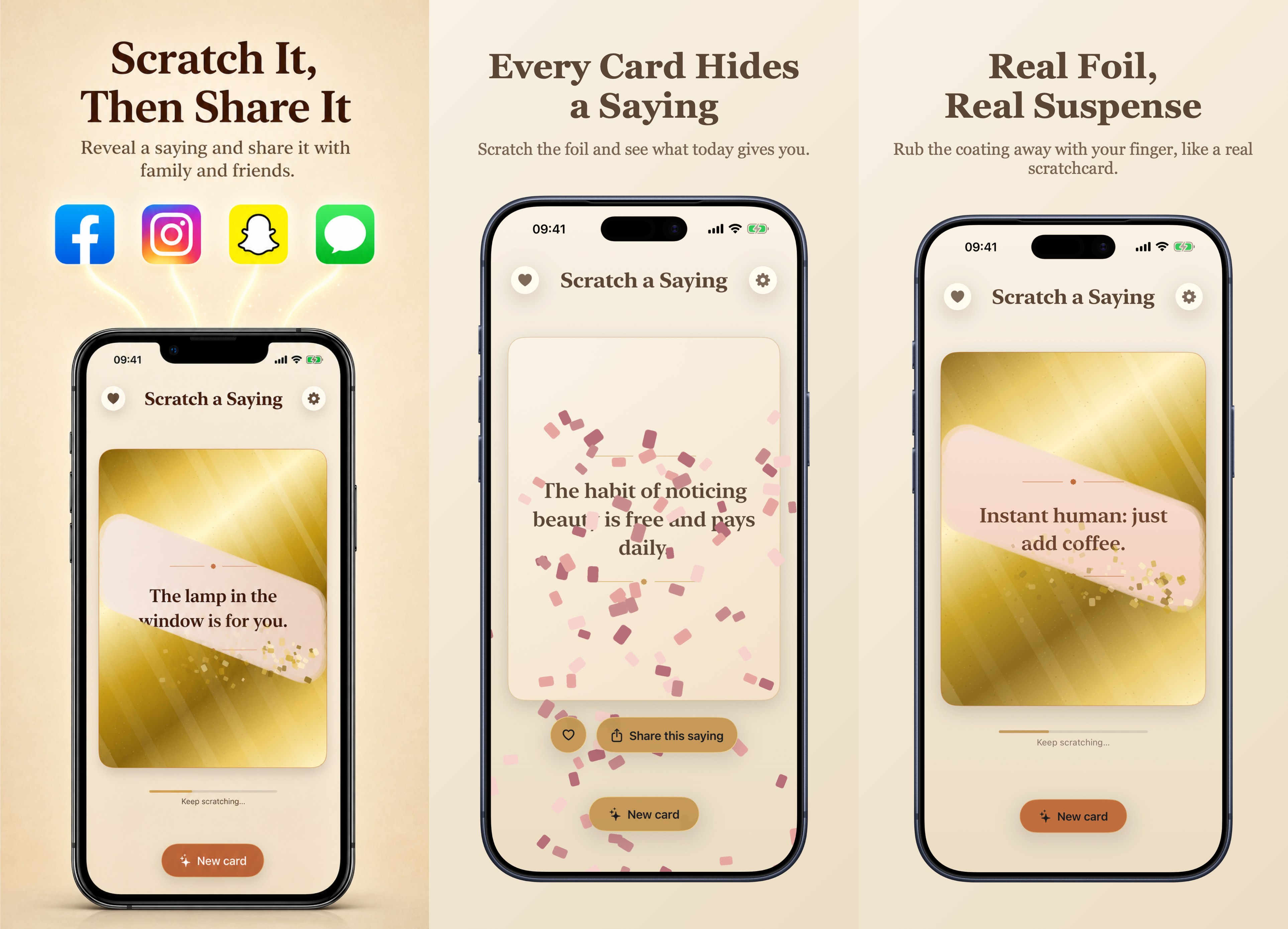Scratch a Saying on iPhone: scratching a card, a revealed saying, and gold foil mid-scratch